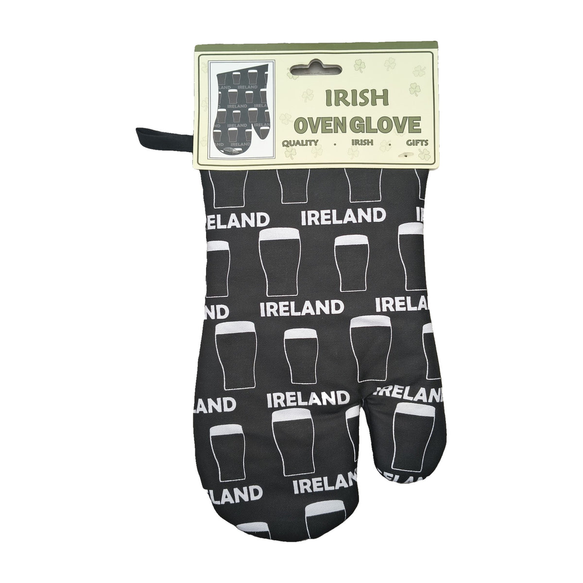 Black Ireland pint glasses oven glove