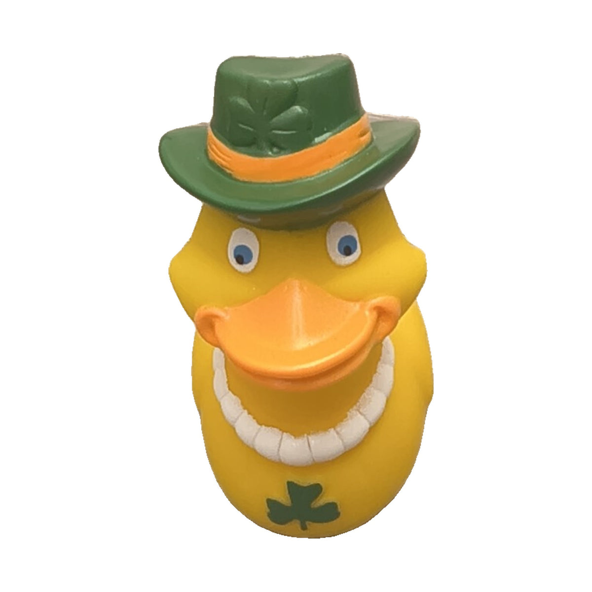 Leprechaun squeaky rubber duck with green hat and shamrock