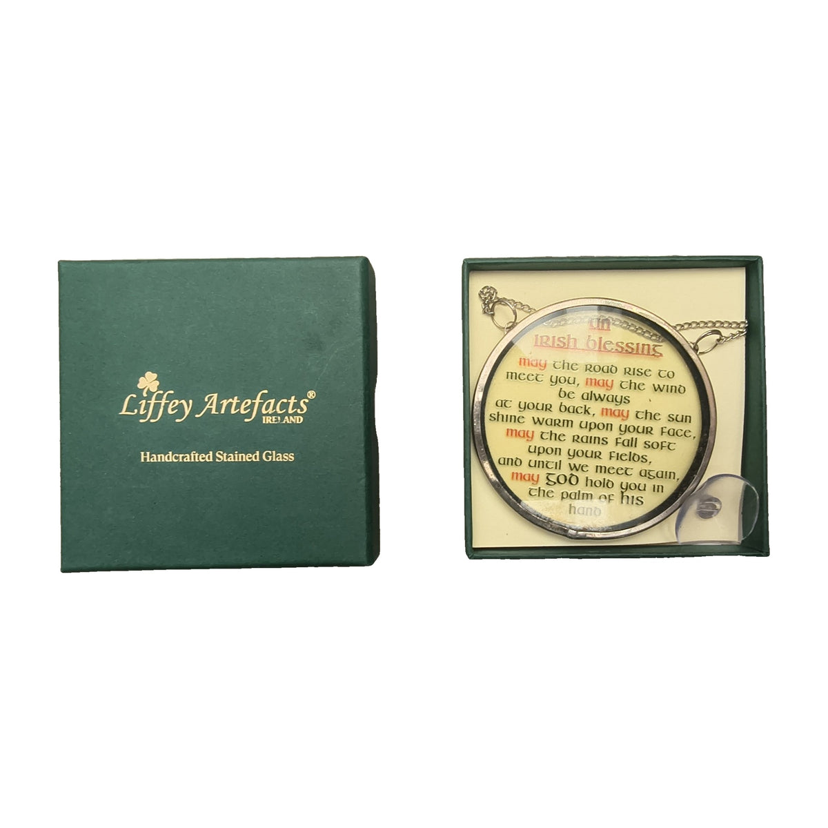 Liffey Artefacts round Irish Blessing stained glass with gift box
