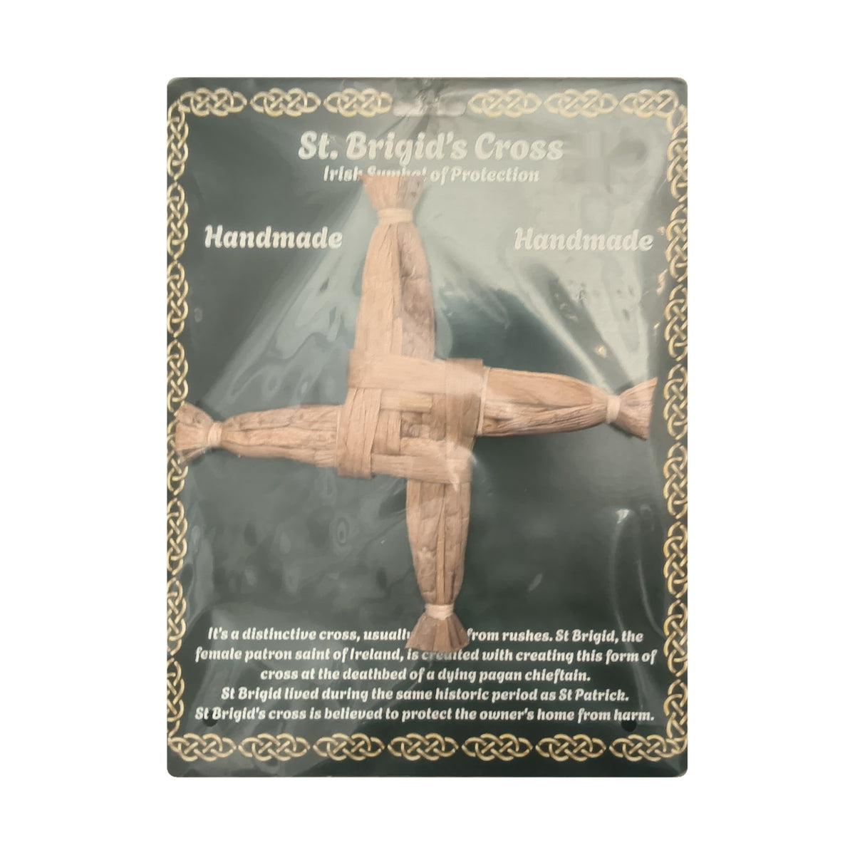 Handmade rush St. Brigid's Cross, 7 inch, on card