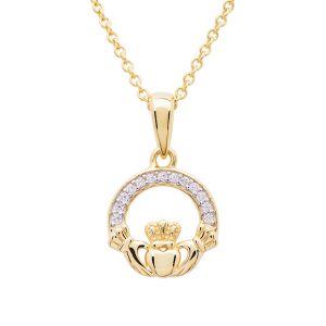 14KT Gold Vermeil Claddagh Necklace Studded With White CZ
