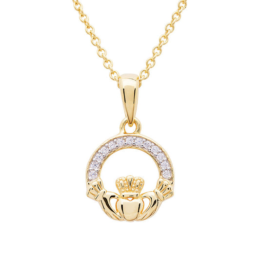 Shanore 14KT Gold Vermeil Claddagh Necklace Studded With White CZ