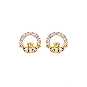 14KT Gold Vermeil Stud Claddagh Earrings With White CZ