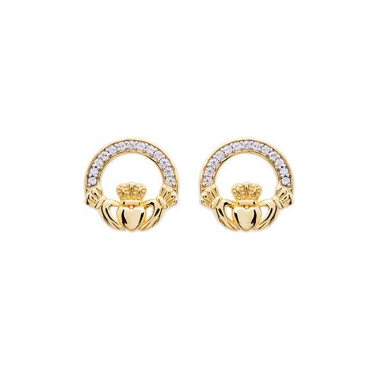 Shanore 14KT Gold Vermeil Stud Claddagh Earrings With White CZ