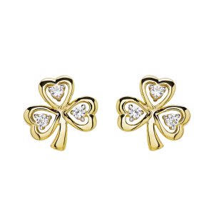 14KT Gold Vermeil Shamrock Stud Earrings With White Sapphires