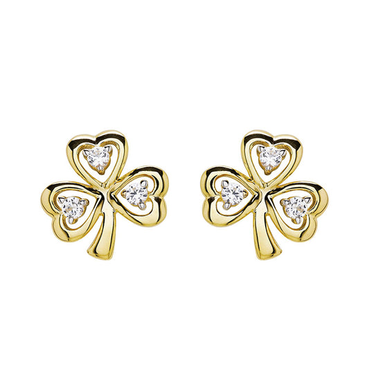 Shanore 14KT Gold Vermeil Shamrock Stud Earrings With White Sapphires