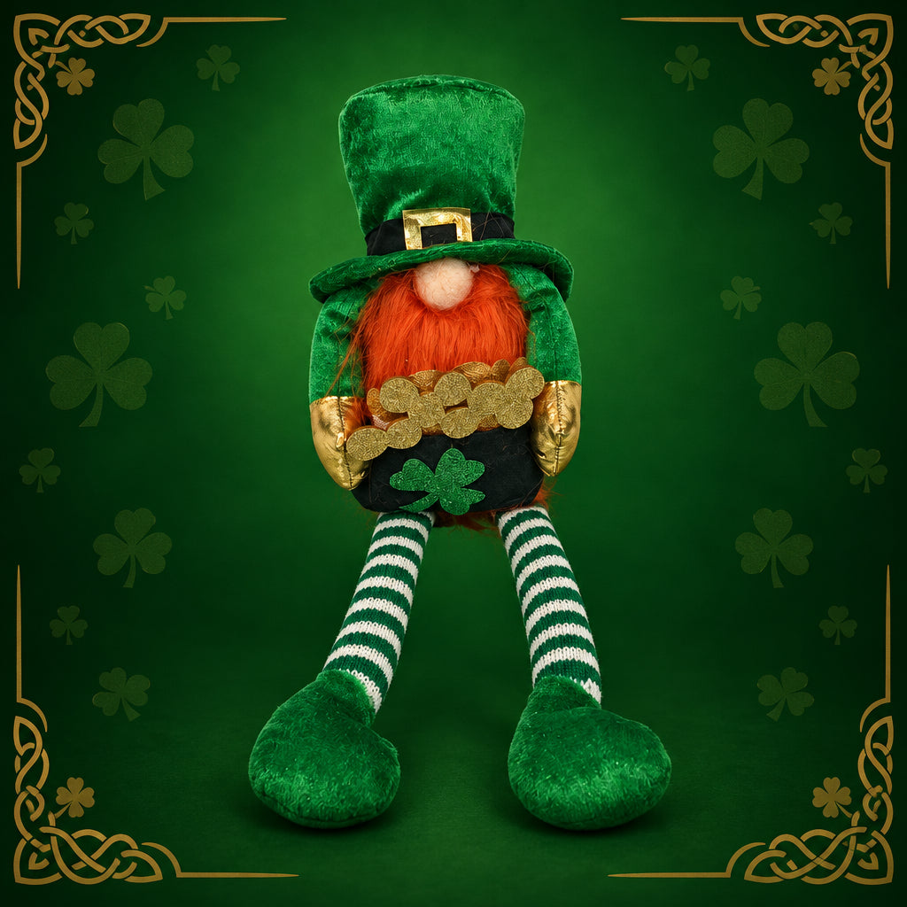Leprechaun gnome with long striped legs, green felt hat and gold coin detail