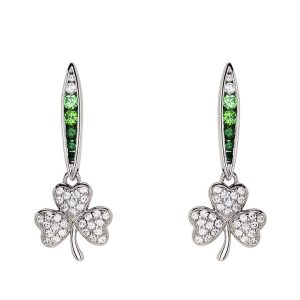 Sterling Silver Shamrock Dangle Earrings With Green And White CZ