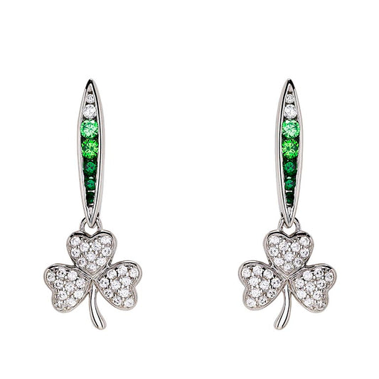 Shanore Sterling Silver Shamrock Dangle Earrings With Green And White CZ