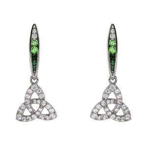 Sterling Silver Trinity Knot Earrings With Green And White CZ