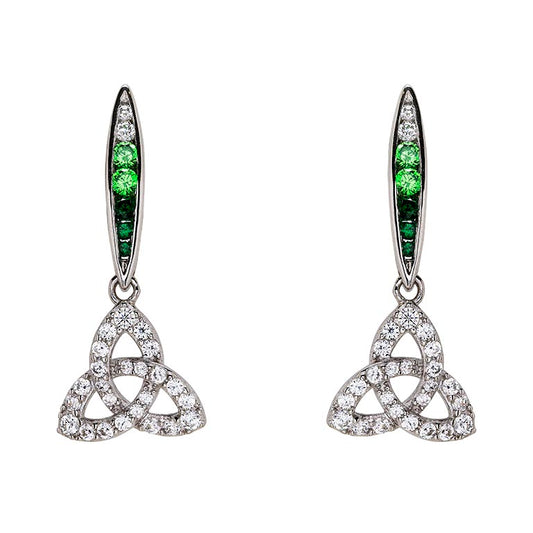 Shanore Sterling Silver Trinity Knot Earrings With Green And White CZ