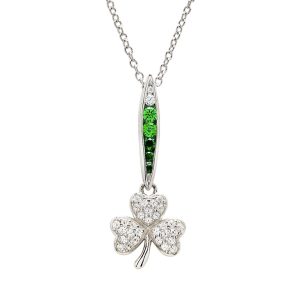 Sterling Silver Shamrock Necklace With Green And White CZ