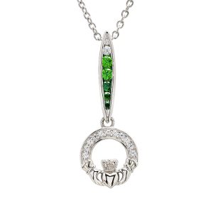 Sterling Silver Claddagh Necklace With Green And White CZ