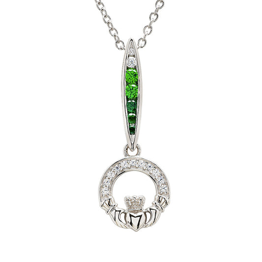 Shanore Sterling Silver Claddagh Necklace With Green And White CZ