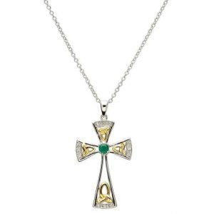 Trinity Knot Diamond And Emerald Silver Cross Necklace