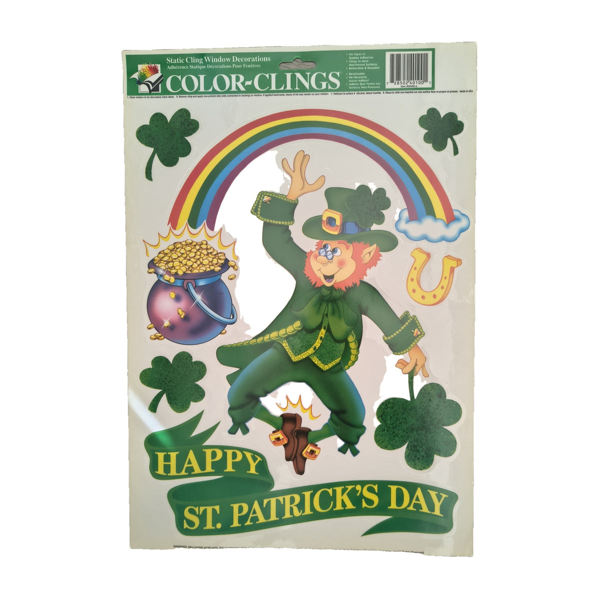 Happy St. Patrick's Day leprechaun and rainbow window color-clings