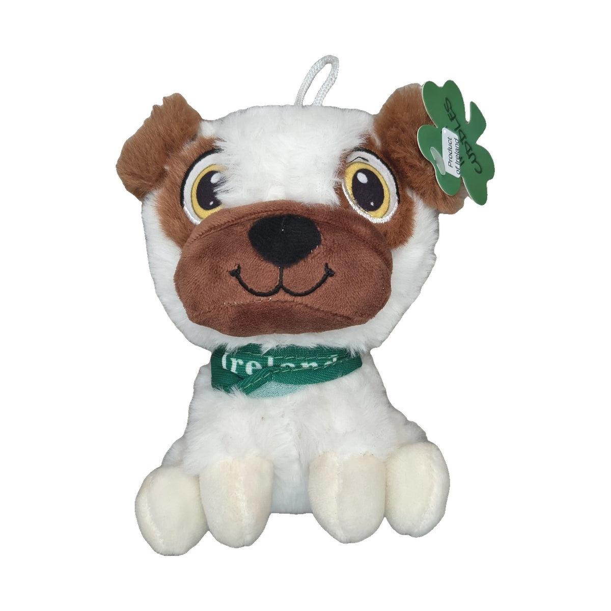 White and brown pug puppy cuddle toy with green Ireland scarf