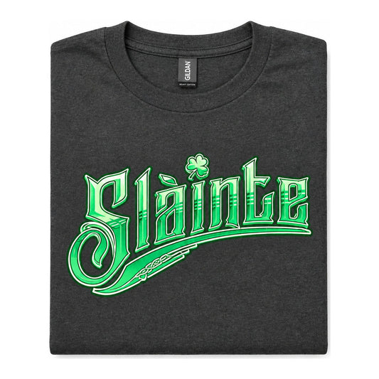 Black Sláinte T-shirt with green lettering and shamrock