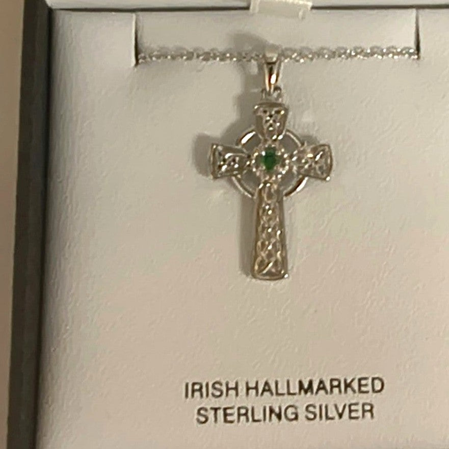 Shanore Sterling Silver Celtic Cross Necklace with Green Stone