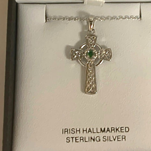 Shanore Sterling Silver Celtic Cross Necklace with Green Stone