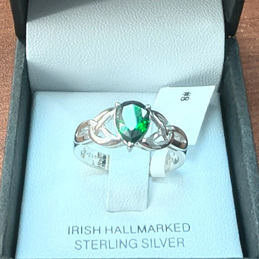 Shanore Sterling Silver Celtic Knot Ring with Green Pear Stone