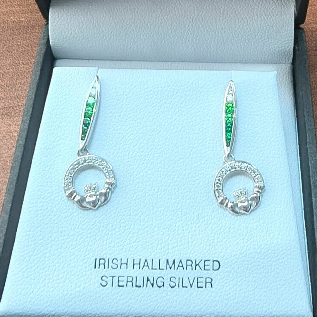 Shanore Sterling Silver Claddagh Earrings With Green And White CZ