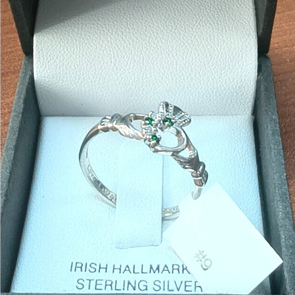 Shanore Sterling Silver Claddagh Ring with Green and White CZ