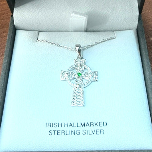 Shanore Sterling Silver Crystal Celtic Cross Necklace with Green Stone