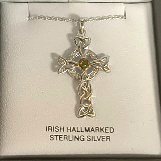 Shanore Trinity Knot Diamond And Emerald Silver Cross Necklace