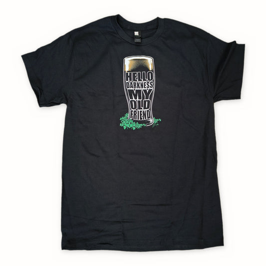 Hello Darkness Guinness T-Shirt – black tee, pint glass 'Hello Darkness My Old Friend' print