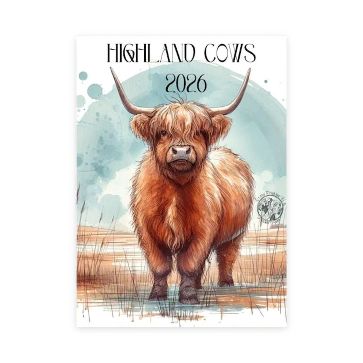 Highland Cows 2026 wall calendar with watercolour Highland cow