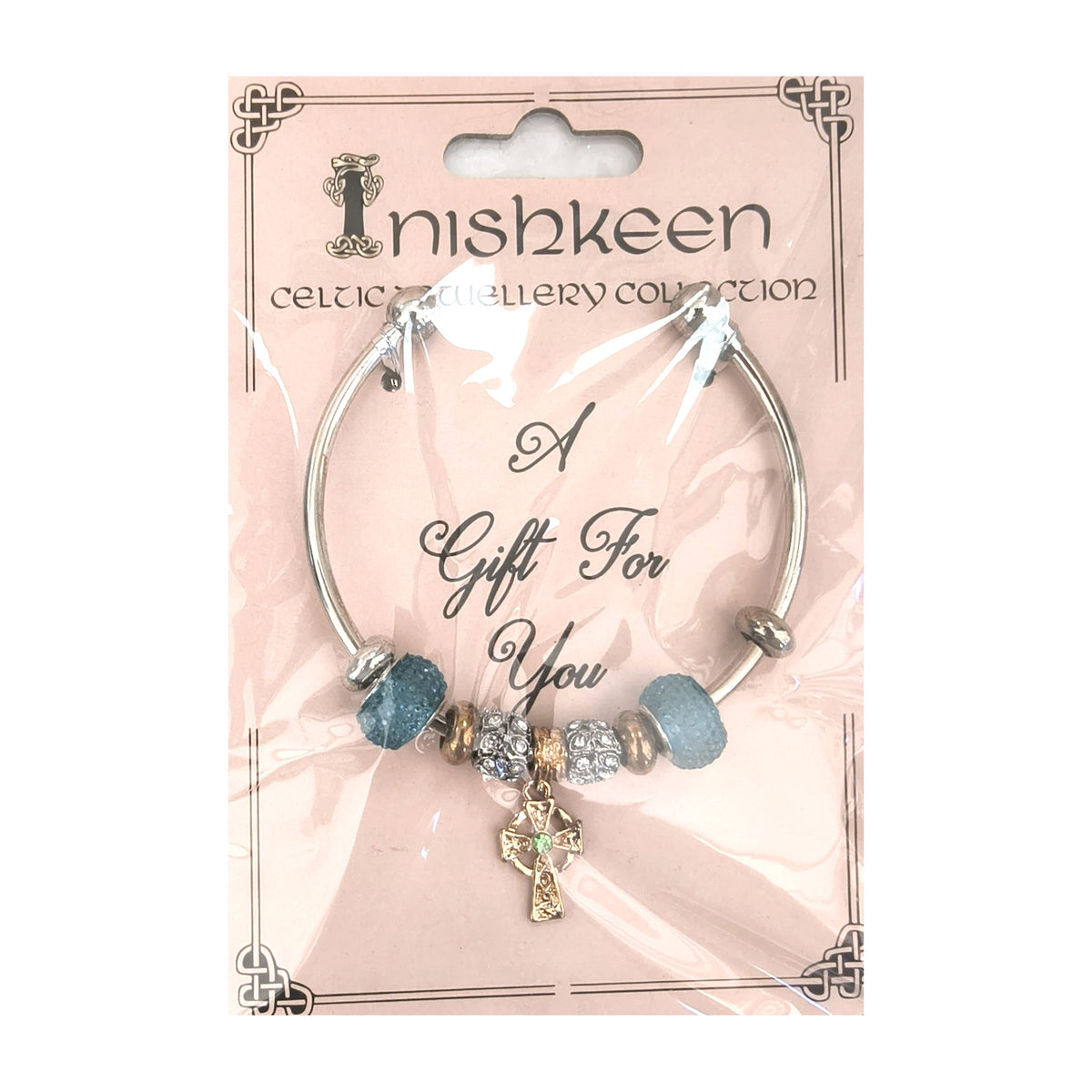 Inishkeen bangle – blue beads with Celtic cross charm, second view