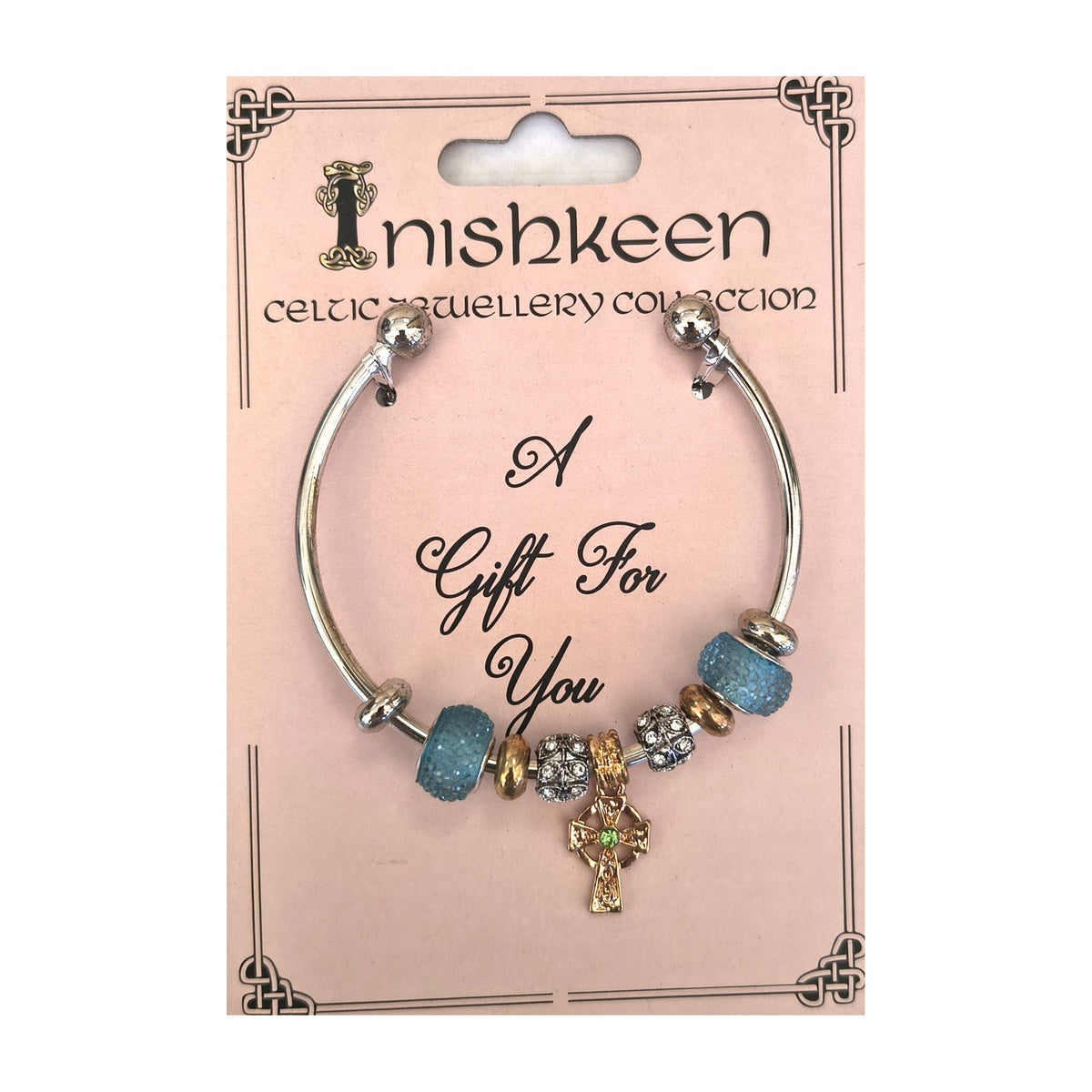 Inishkeen bangle – blue beads with Celtic cross charm