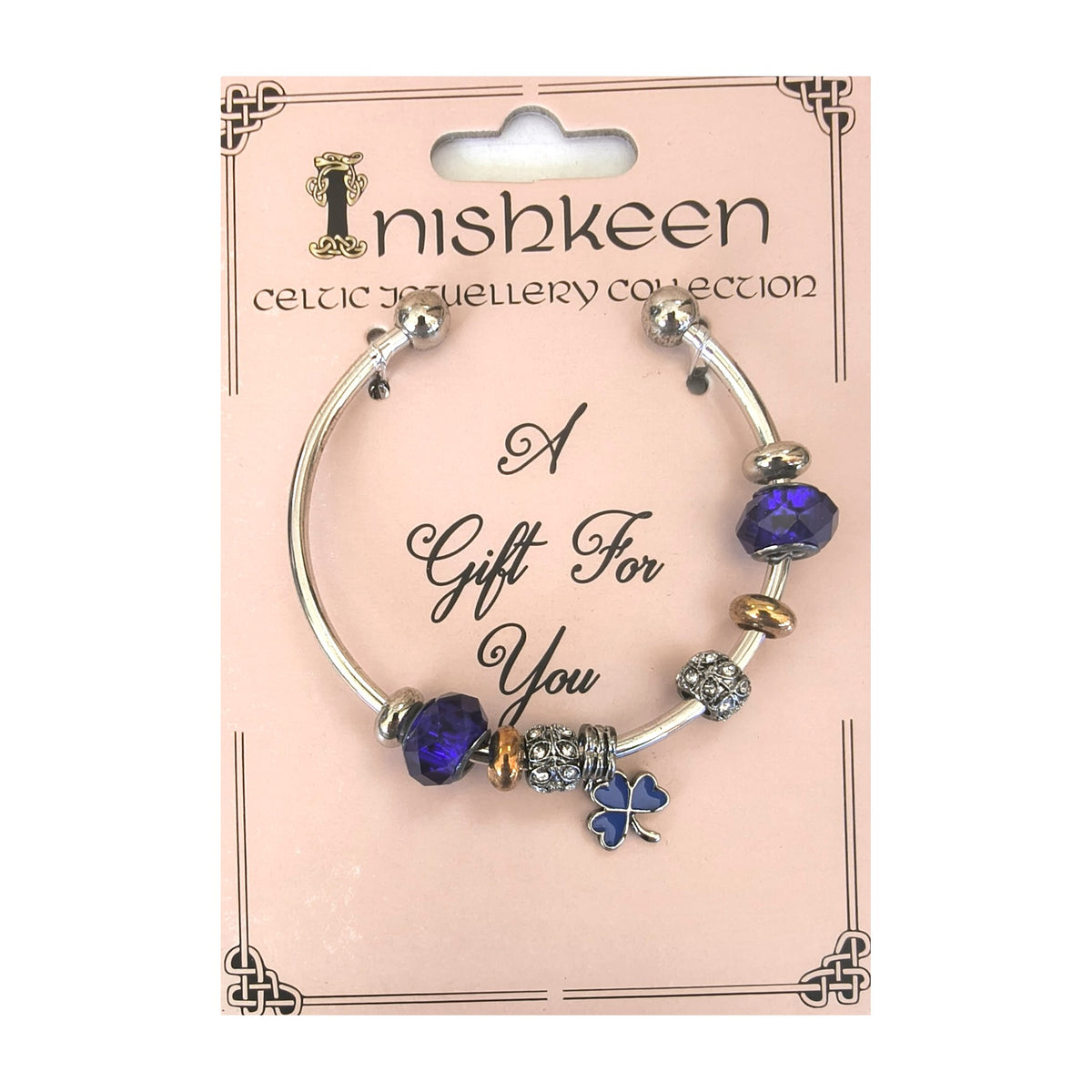 Inishkeen bangle – blue beads with blue shamrock charm