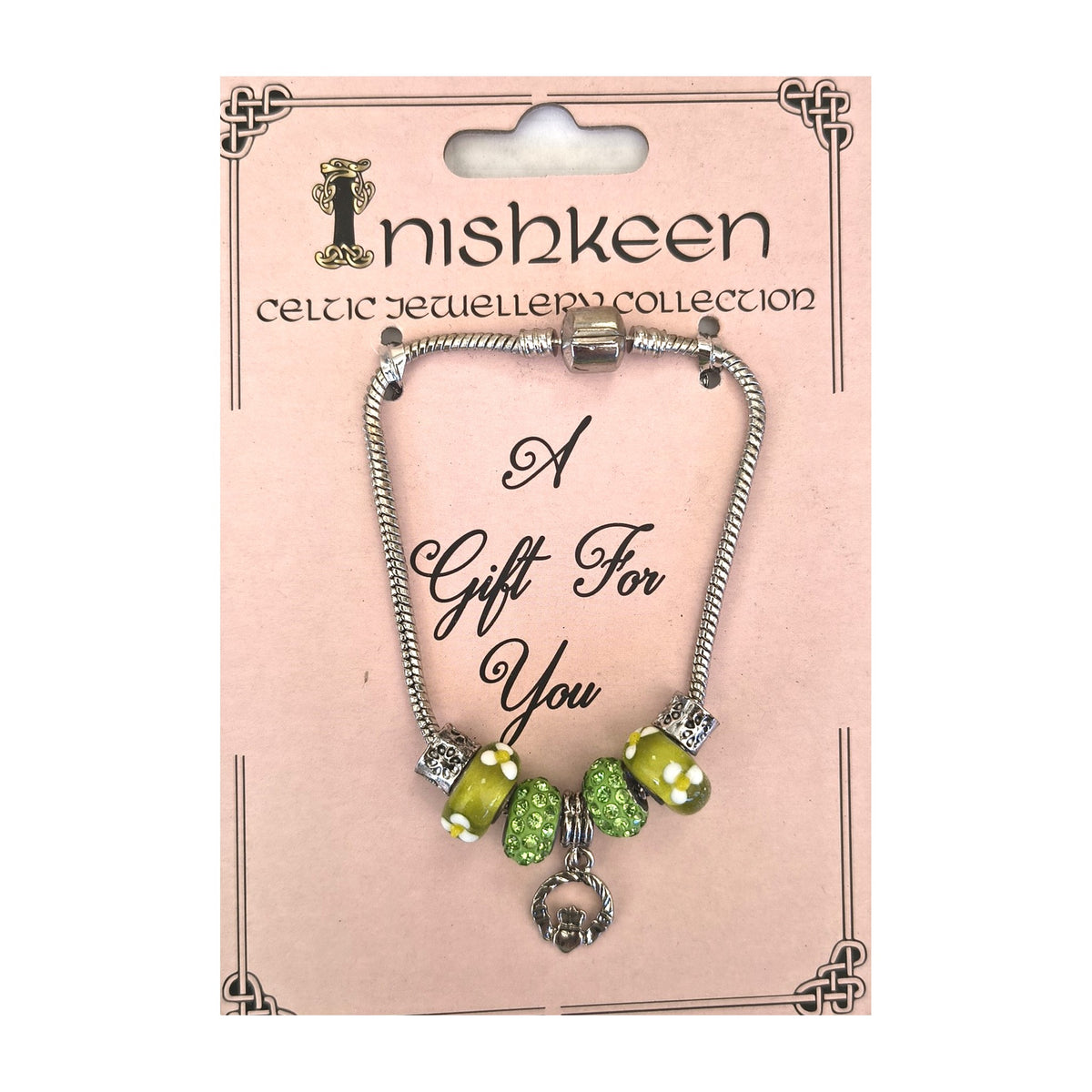 Inishkeen charm bracelet – green beads with Claddagh charm