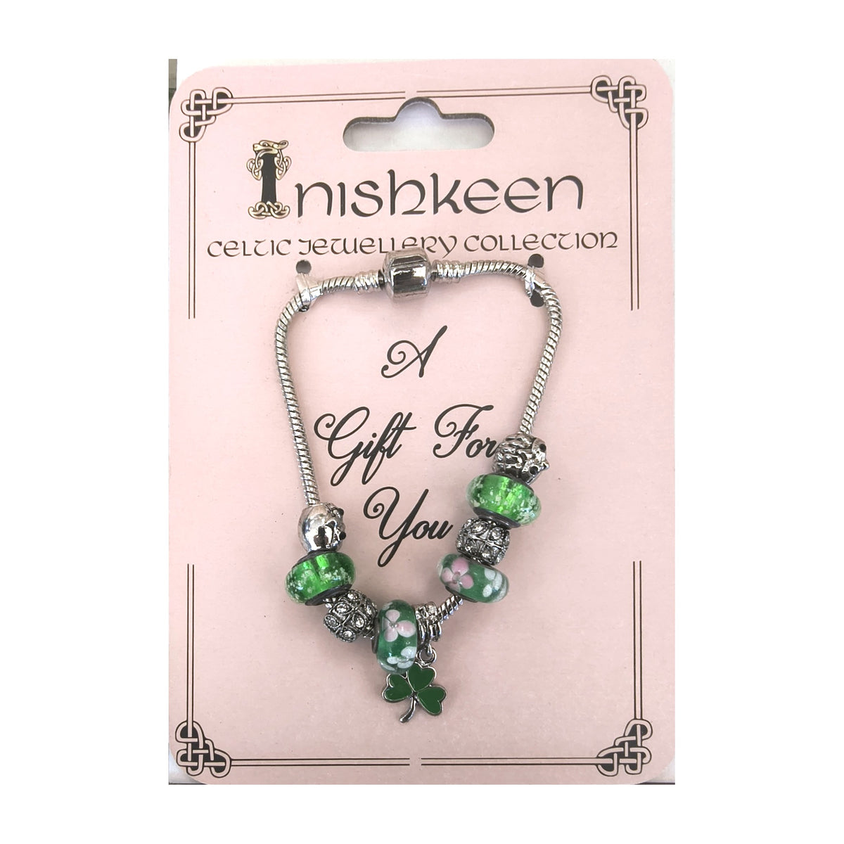 Inishkeen charm bracelet – green floral beads with shamrock charm