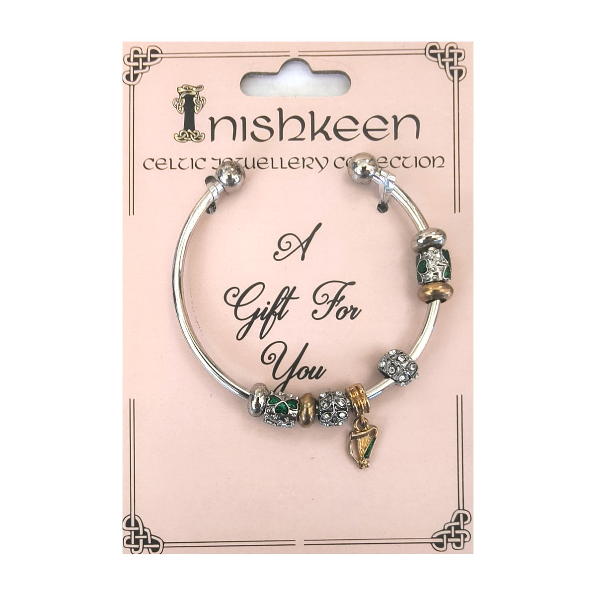 Inishkeen bangle – crystal and shamrock beads with gold harp charm