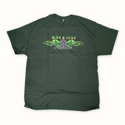 Irish American Firefighter T-Shirt – front, olive green tee with crossed-axe emblem