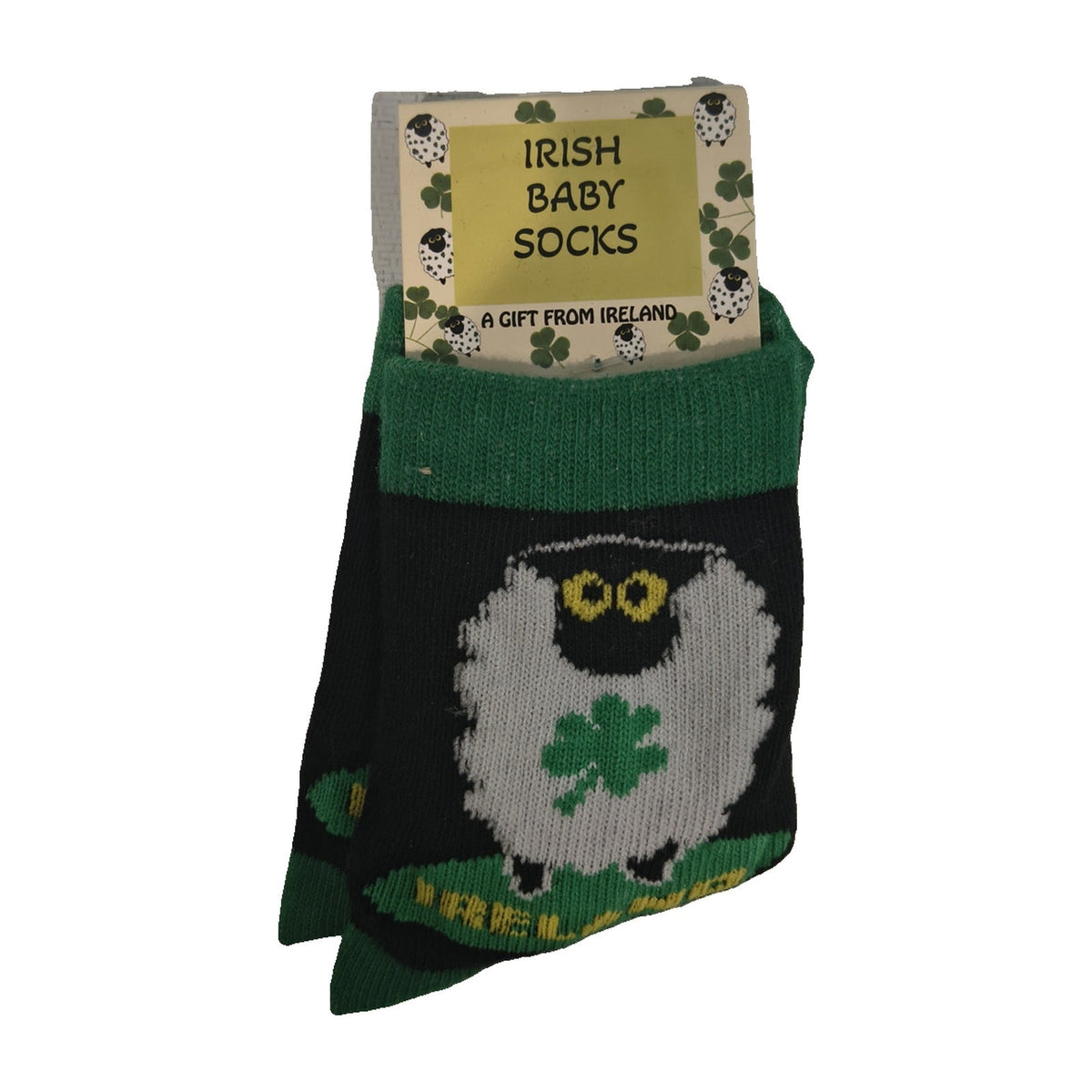 Irish baby socks, black with a sheep and shamrock design