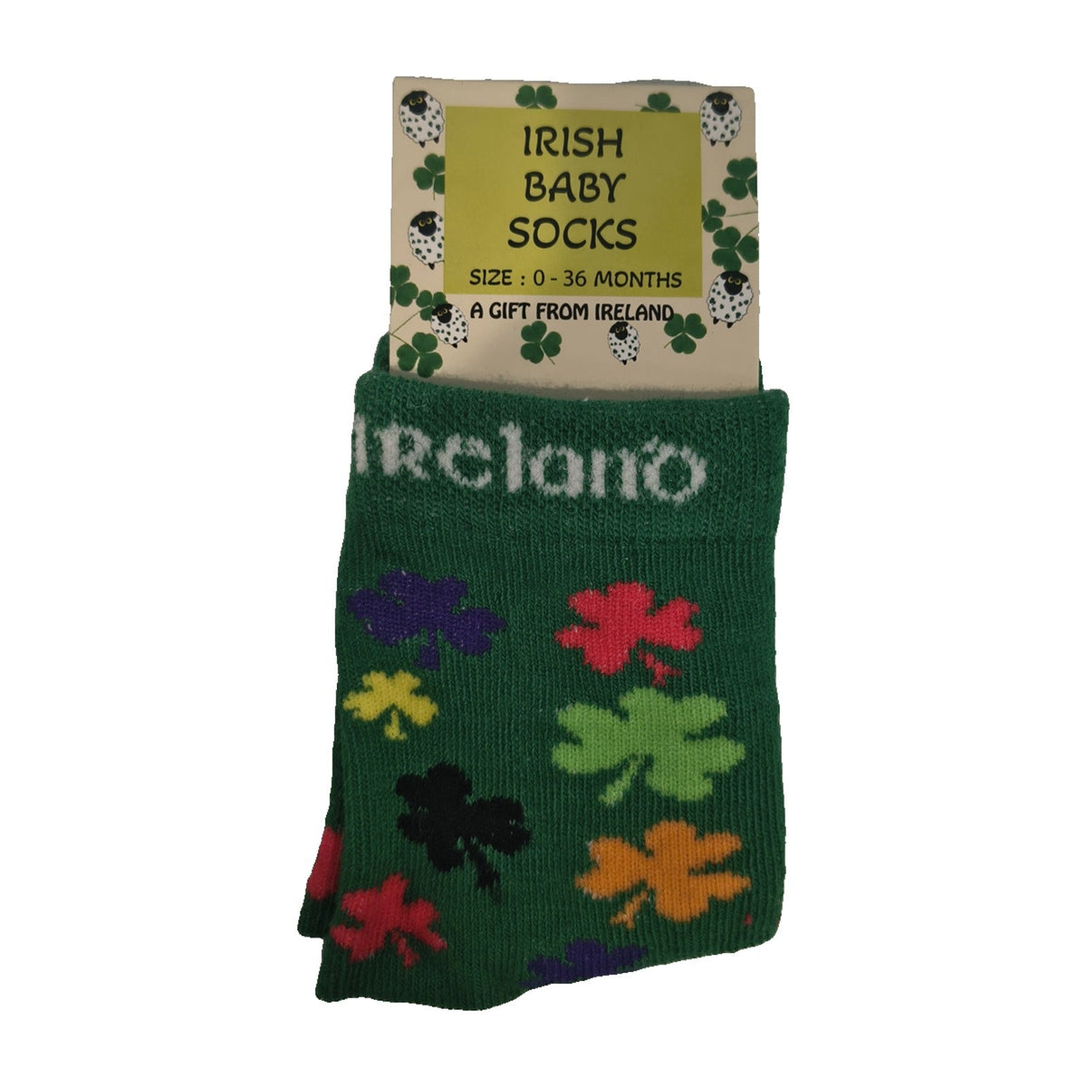 Irish baby socks, green with rainbow shamrocks and Ireland across the top