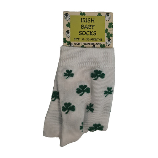 Irish baby socks, white with green shamrocks