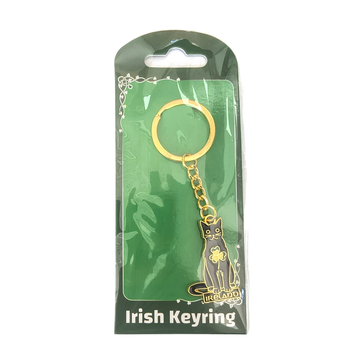 Black cat with shamrock Ireland enamel keyring