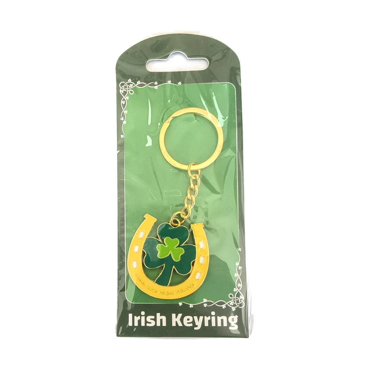 Horseshoe and shamrock enamel keyring