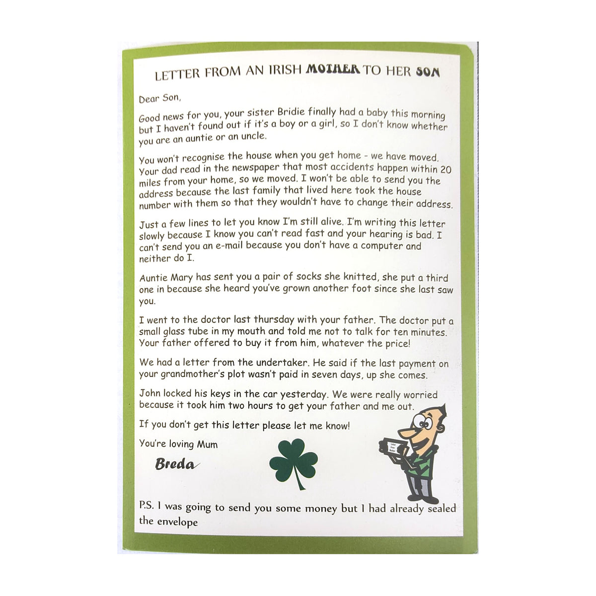 Letter from an Irish Mother to her Son postcard
