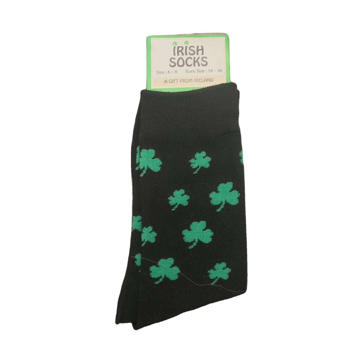 Irish Socks – green shamrocks on black