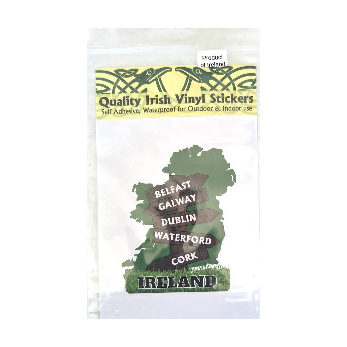 Ireland signpost map vinyl sticker – Belfast, Galway, Dublin, Waterford, Cork