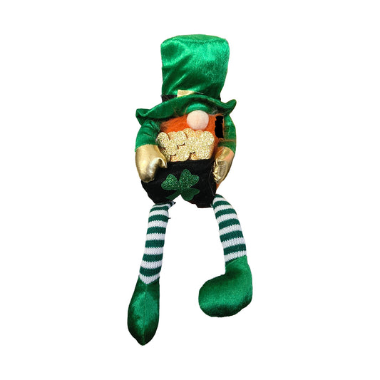 Leprechaun gnome with pot of gold and striped dangling legs