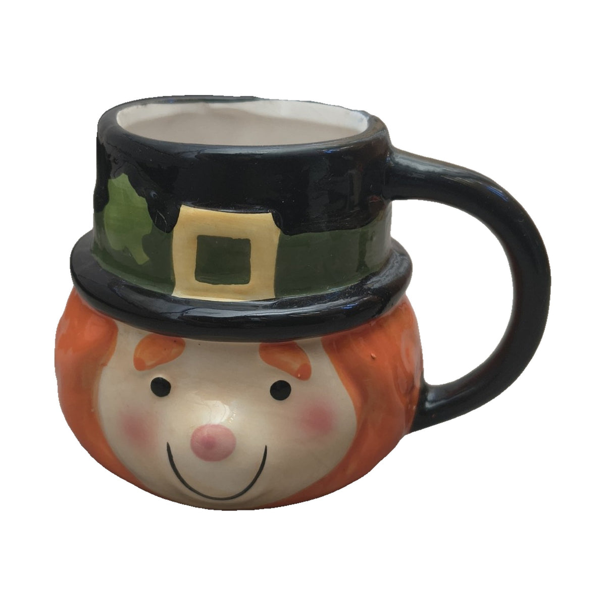 Ceramic leprechaun face mug with green top hat