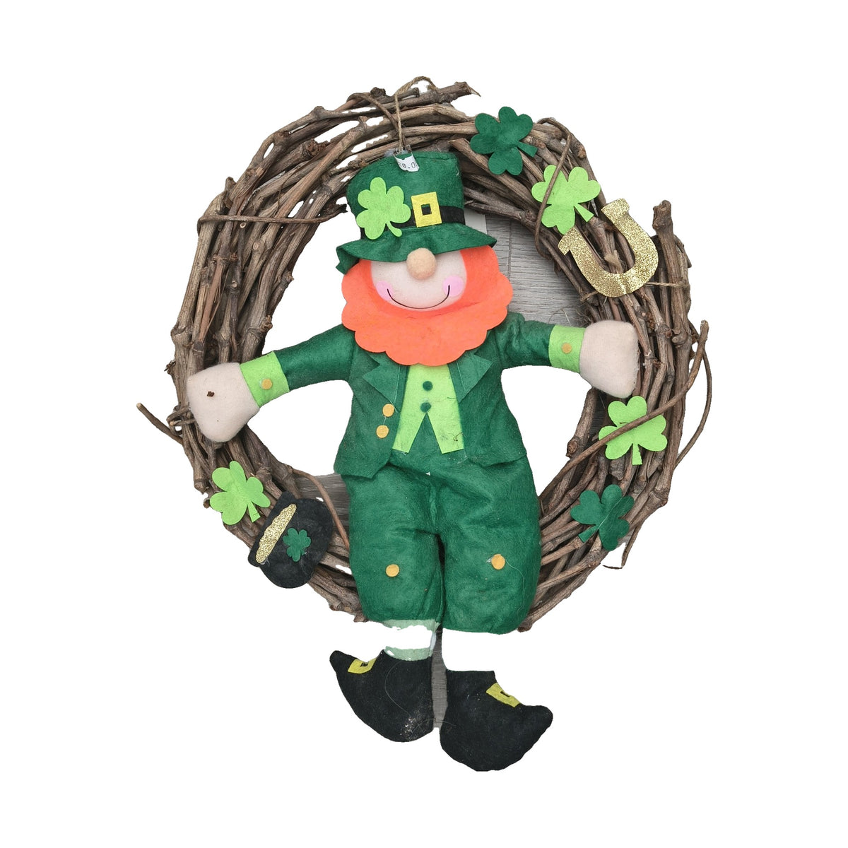 Leprechaun twig wreath door decoration with shamrocks and horseshoe