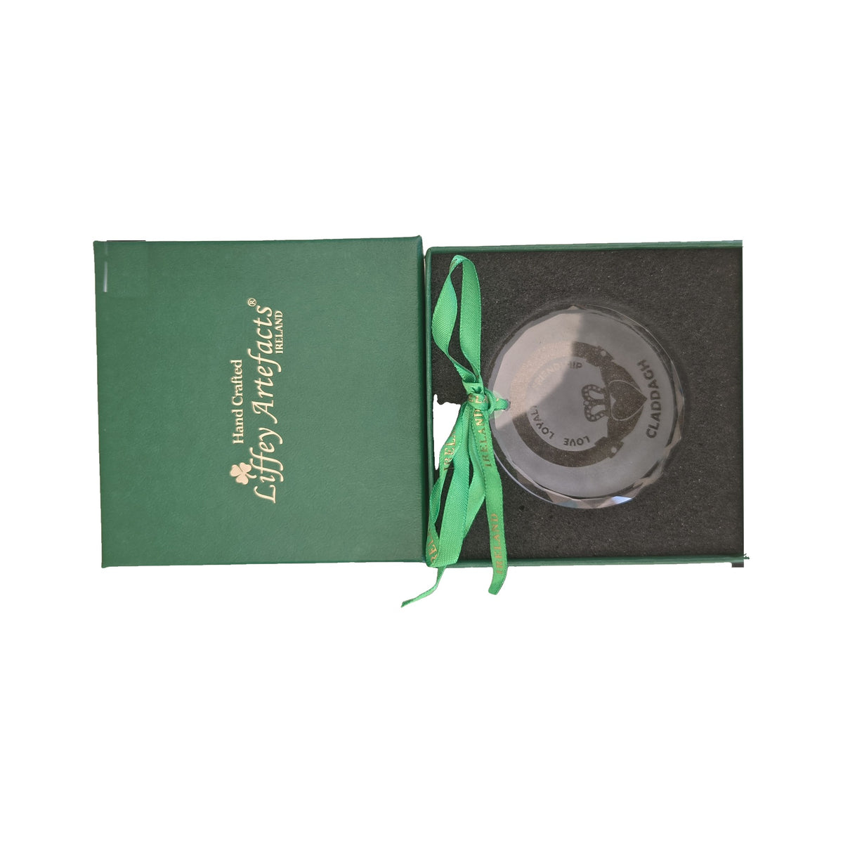 Liffey Artefacts glass pendant – Claddagh, in gift box with lid